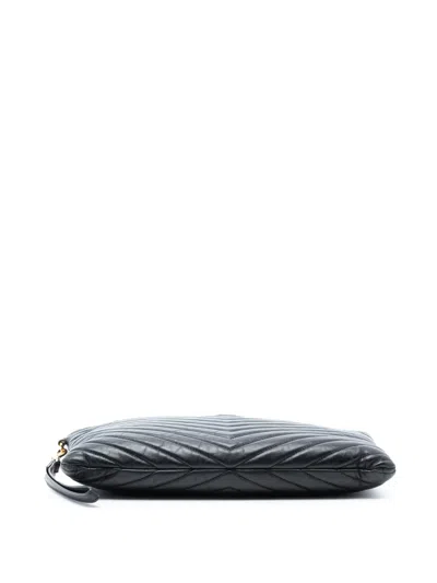 Pre-owned Saint Laurent 2018 Quilted Chevron Leather Monogram Document Holder Clutch Bag In Black