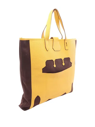 Pre-owned Hermes 2000-2025 Toile And Clemence Monsieur B Gm Tote Bag In Brown