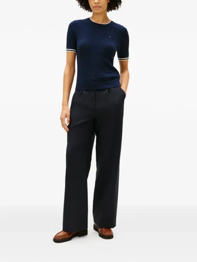 Tommy Hilfiger Cable-knit Striped-trims Short-sleeved Sweater In Multi