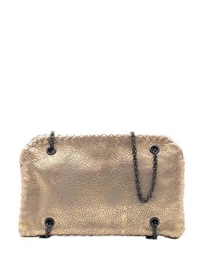 Pre-owned Bottega Veneta 2012-2025 Intrecciato Trimmed Metallic Leather Duo Shoulder Bag In Gold