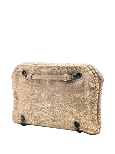 Pre-owned Bottega Veneta 2012-2025 Intrecciato Trimmed Metallic Leather Duo Shoulder Bag In Gold