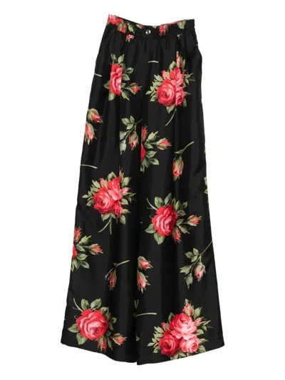 Dolce & Gabbana Wide Twill Trousers With Rose Bouquet Print In Black