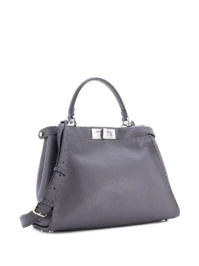 Pre-owned Fendi Selleria Peekaboo Bag Rigid Leather Regular Satchel In Gray