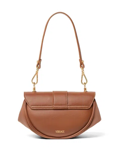 Versace Small Virtus Leather Shoulder Bag In Brown