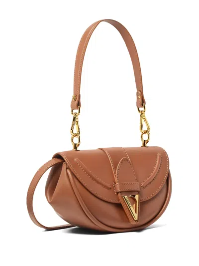Versace Small Virtus Leather Shoulder Bag In Brown