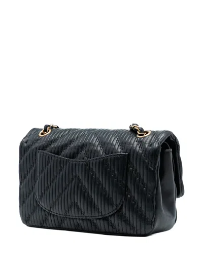 Pre-owned Chanel 2018 Medium Classic Chevron Calfskin Pleated Double Flap Shoulder Bag In Black