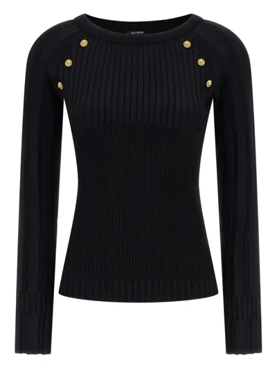 Balmain Sweater Three Buttons Crew Neck Ribbed In Black