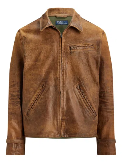 Polo Ralph Lauren Zip Sheepskin Bomber Jacket In Brown