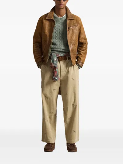 Polo Ralph Lauren Zip Sheepskin Bomber Jacket In Brown