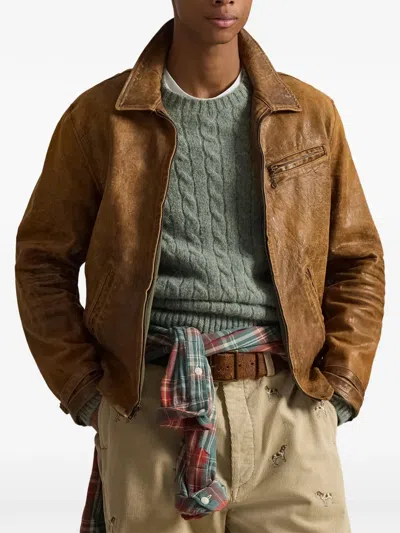 Polo Ralph Lauren Zip Sheepskin Bomber Jacket In Brown