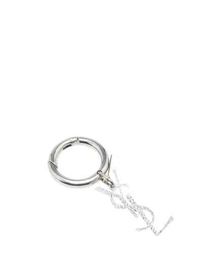 Pre-owned Saint Laurent 20th Century Silver Plated Rhinestones Logo Keychain Key Chain