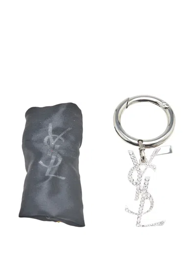 Pre-owned Saint Laurent 20th Century Silver Plated Rhinestones Logo Keychain Key Chain