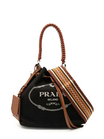 Pre-owned Prada 2013-2025 Canvas Canapa Logo Bucket Bag In Black