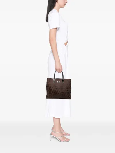 Pre-owned Fendi 2000-2010 Zucchino Canvas Tote Bag In Brown