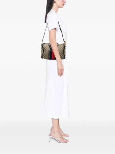 Pre-owned Gucci 2000-2015 Medium Gg Canvas Web Joy Boston Bag Satchel In Brown