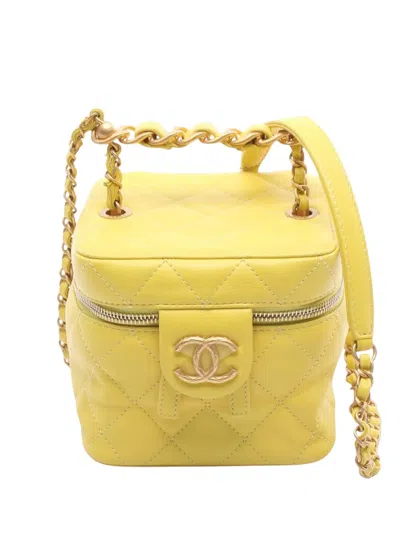 Pre-owned Chanel 2021-2025 Quilted Lambskin Chain Bar Vanity Bag In Yellow