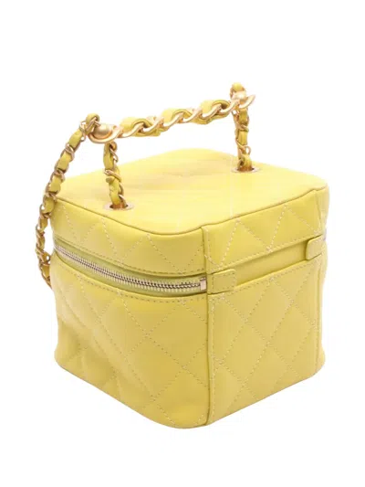 Pre-owned Chanel 2021-2025 Quilted Lambskin Chain Bar Vanity Bag In Yellow