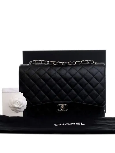 Pre-owned Chanel 2021-2025 Maxi Classic Caviar Double Flap Shoulder Bag In Black