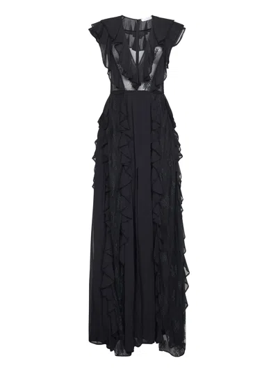 Alina Black Georgette Long Dress With Lace Inserts In Black