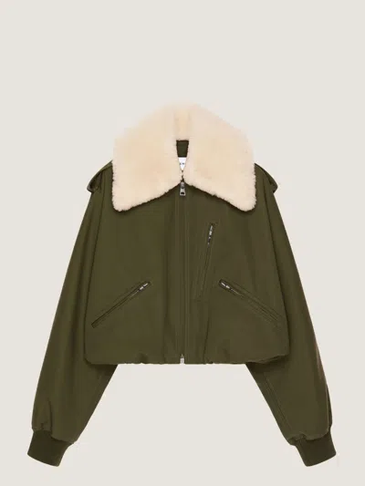 Givenchy Bomber In Cotton And Wool With Shearling Collar In Green