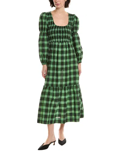 Ganni Seersucker Smocked Maxi Dress In Green