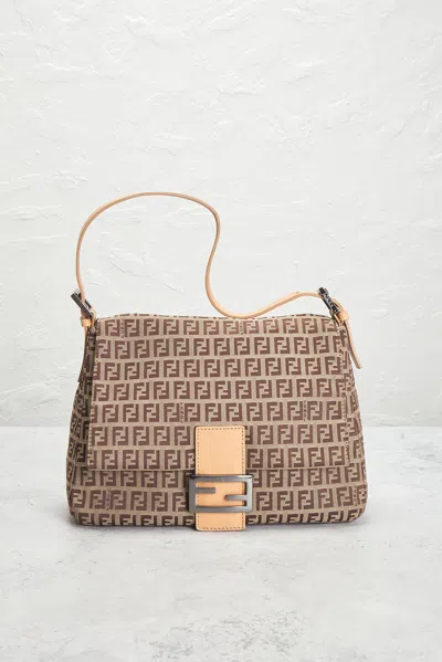 Pre-owned Fendi Zucchino Mama Baguette Shoulder Bag In Sand
