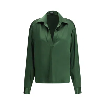 Tom Ford Stretch Silk Satin Polo With Tonal Tf Embroidered Logo In Green