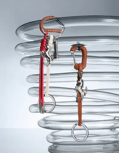 Ferrari Multicolored Metal And Leather Keyring With Charm In Brown