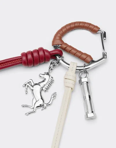 Ferrari Multicolored Metal And Leather Keyring With Charm In Brown