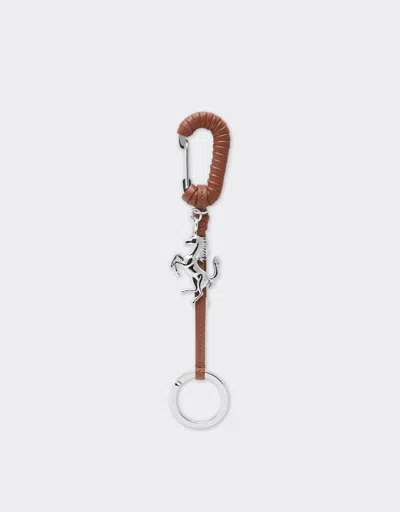 Ferrari Metal And Leather Keyring With Charm In Brown