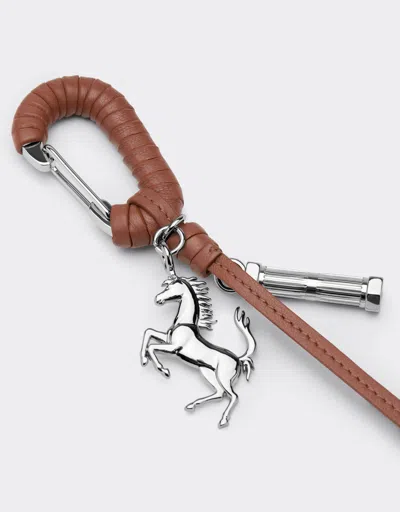 Ferrari Metal And Leather Keyring With Charm In Brown