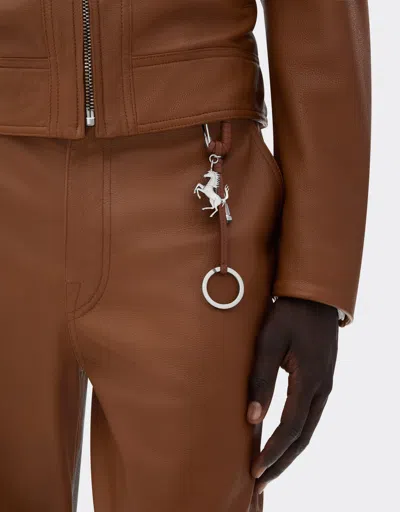 Ferrari Metal And Leather Keyring With Charm In Brown