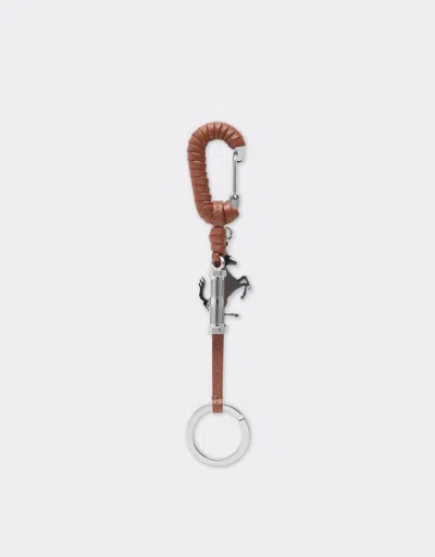 Ferrari Metal And Leather Keyring With Charm In Brown
