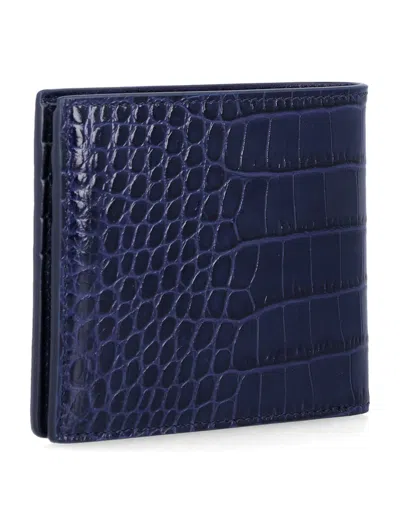 Tom Ford Croc Embossed Leather Compact Bifold Wallet In Blue
