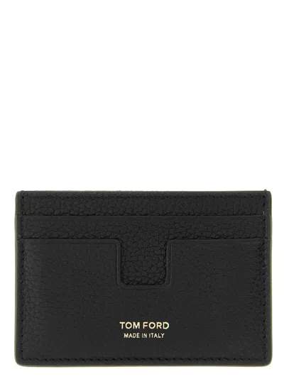 Tom Ford Black Card Holder With Embossed Logo Lettering On The Front In Grained Leather Man In Black