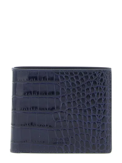 Tom Ford Croc Embossed Leather Compact Bifold Wallet In Blue
