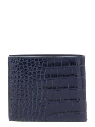 Tom Ford Croc Embossed Leather Compact Bifold Wallet In Blue