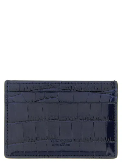 Tom Ford Croco Embossed Leather Cardholder In Blue