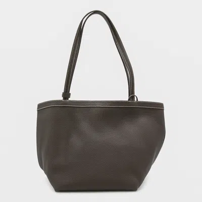 The Row Dark Brown Leather Park Tote Three Stich In Brown