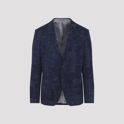 Etro Men Single-breasted Jacquard Cotton Jacket With Floral Pattern In Blue