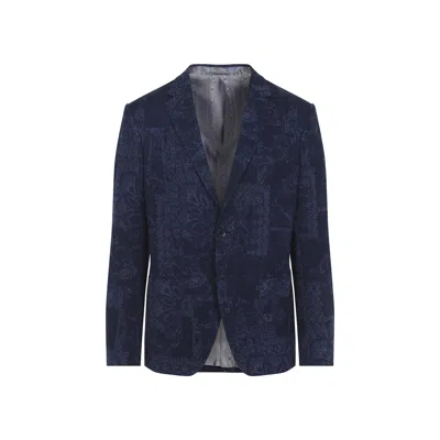 Etro Men Single-breasted Jacquard Cotton Jacket With Floral Pattern In Blue