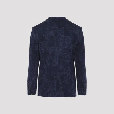 Etro Men Single-breasted Jacquard Cotton Jacket With Floral Pattern In Blue
