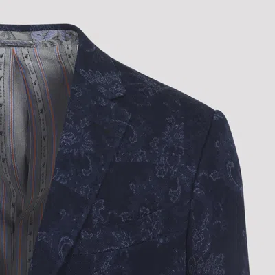 Etro Men Single-breasted Jacquard Cotton Jacket With Floral Pattern In Blue