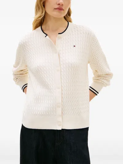 Tommy Hilfiger Crew-neck Cable-knit Cardigan In White
