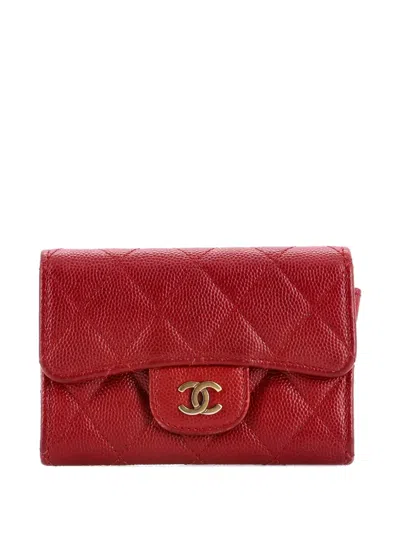 Pre-owned Chanel Classic Flap Case Quilted Caviar Card Holder In Red