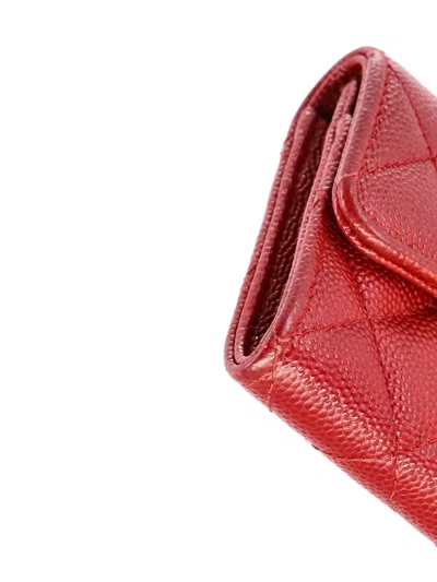 Pre-owned Chanel Classic Flap Case Quilted Caviar Card Holder In Red