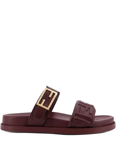 Fendi Feel Embossed Ff Leather Flat Sandals In Red
