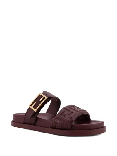 Fendi Feel Embossed Ff Leather Flat Sandals In Red