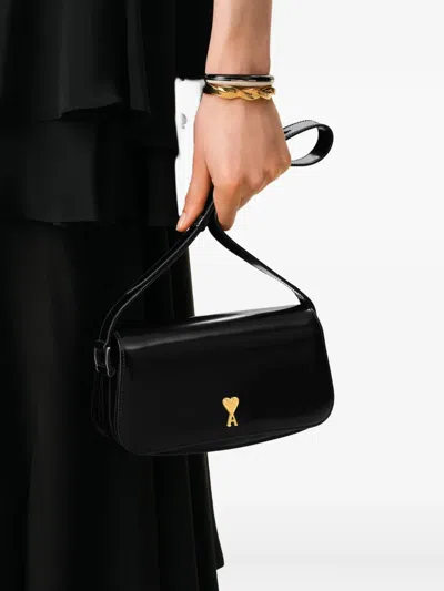 Ami Alexandre Mattiussi Heart Stud Leather Shoulder Bag In Black