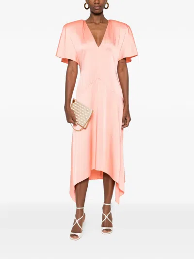 Stella Mccartney V-neck Asymmetric Satin Midi Dress In Pink